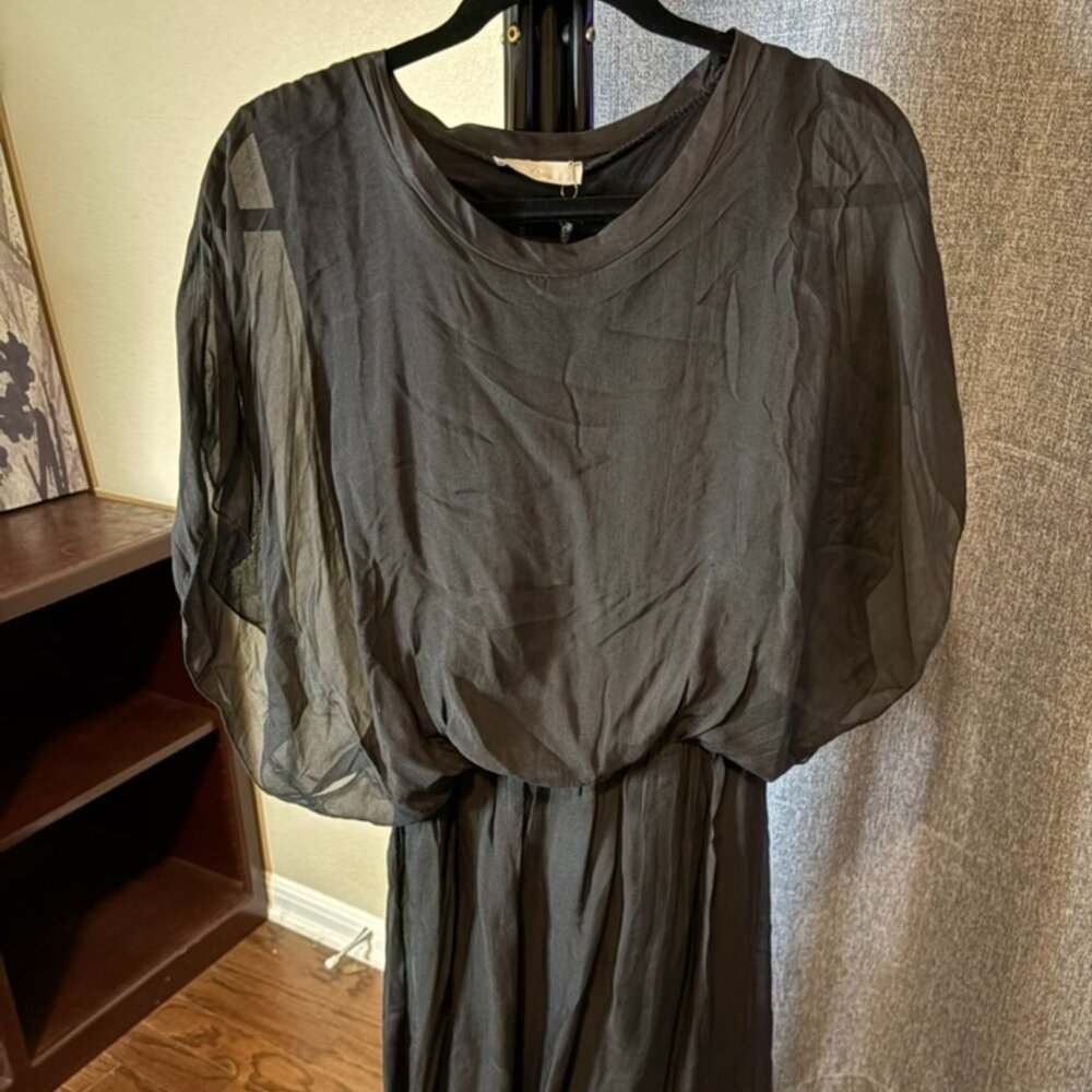 Baci Black 100% Silk Dress Sheer Overlay Sleeves Flowy Elegant Fairy Gothic